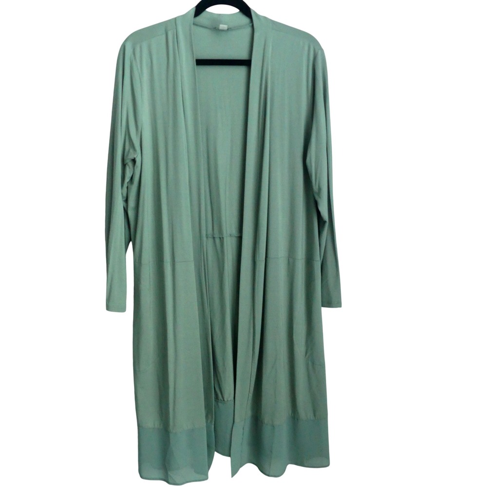 LOGO Lori Goldstein Sage Open Cardigan Sheer Hem XLP Duster Office Casual Pocket